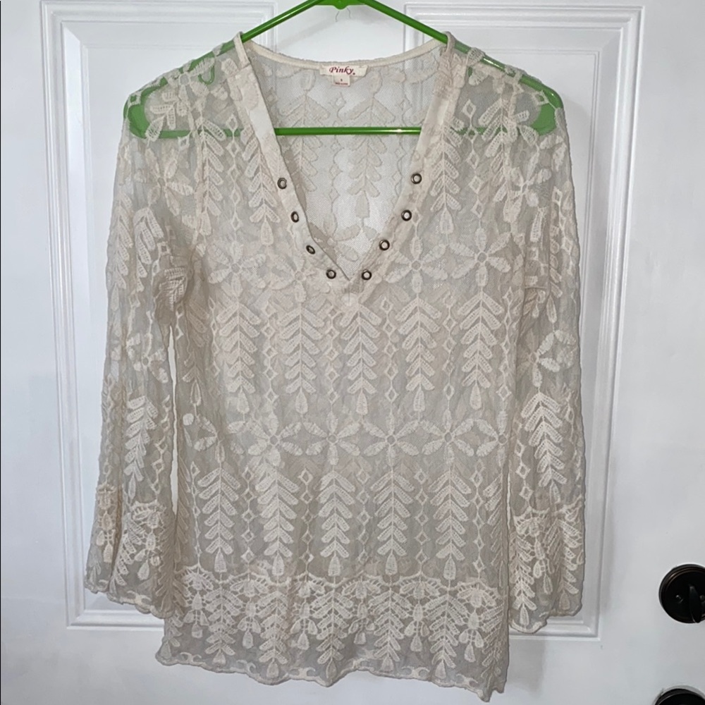 Pinky Cream Lace V-Neck Blouse